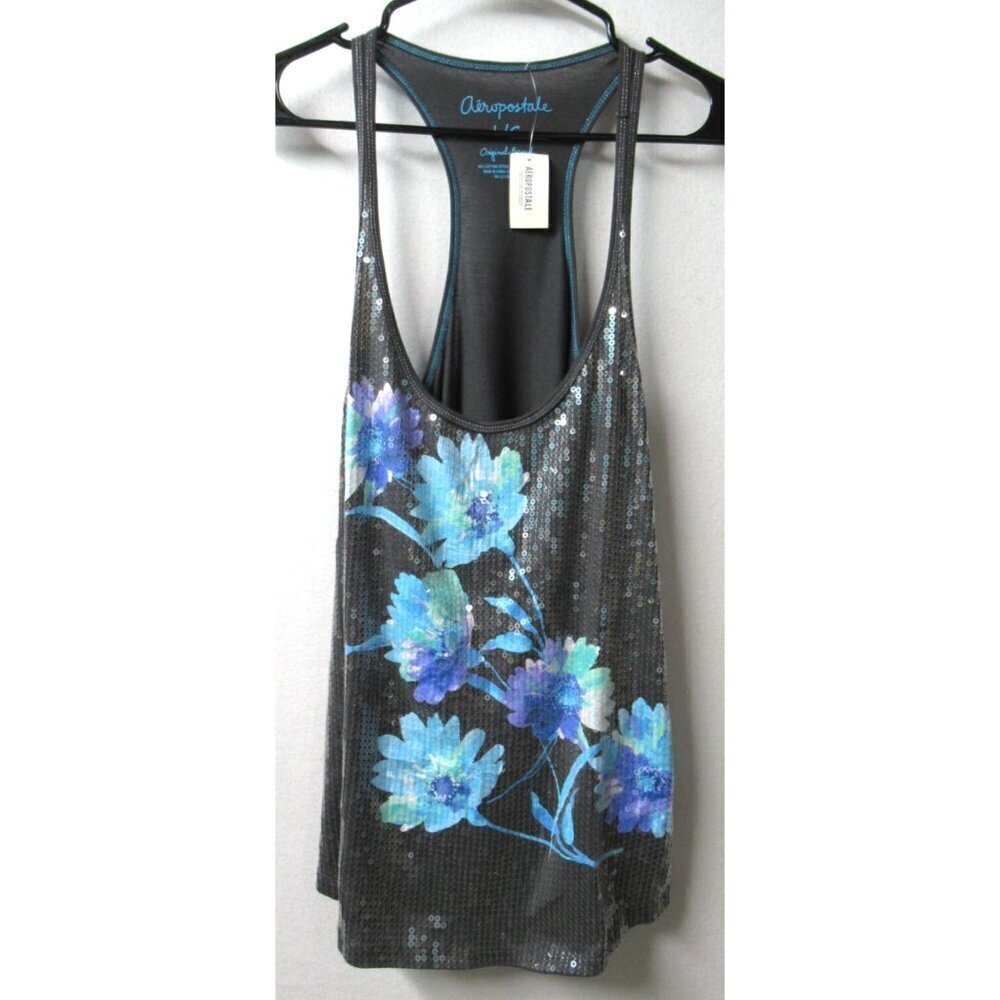 Aeropostale Women's Tank Top Large Floral Sequin Racerback Full Graphic NEW Blue